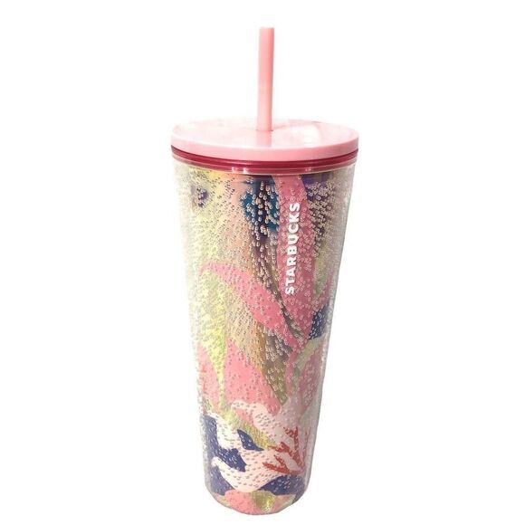 Starbucks 2021 Summer Coral Reef Bubble Pink Gold Cold Cup 24 Oz Venti Tumbler N - Picture 1 of 7